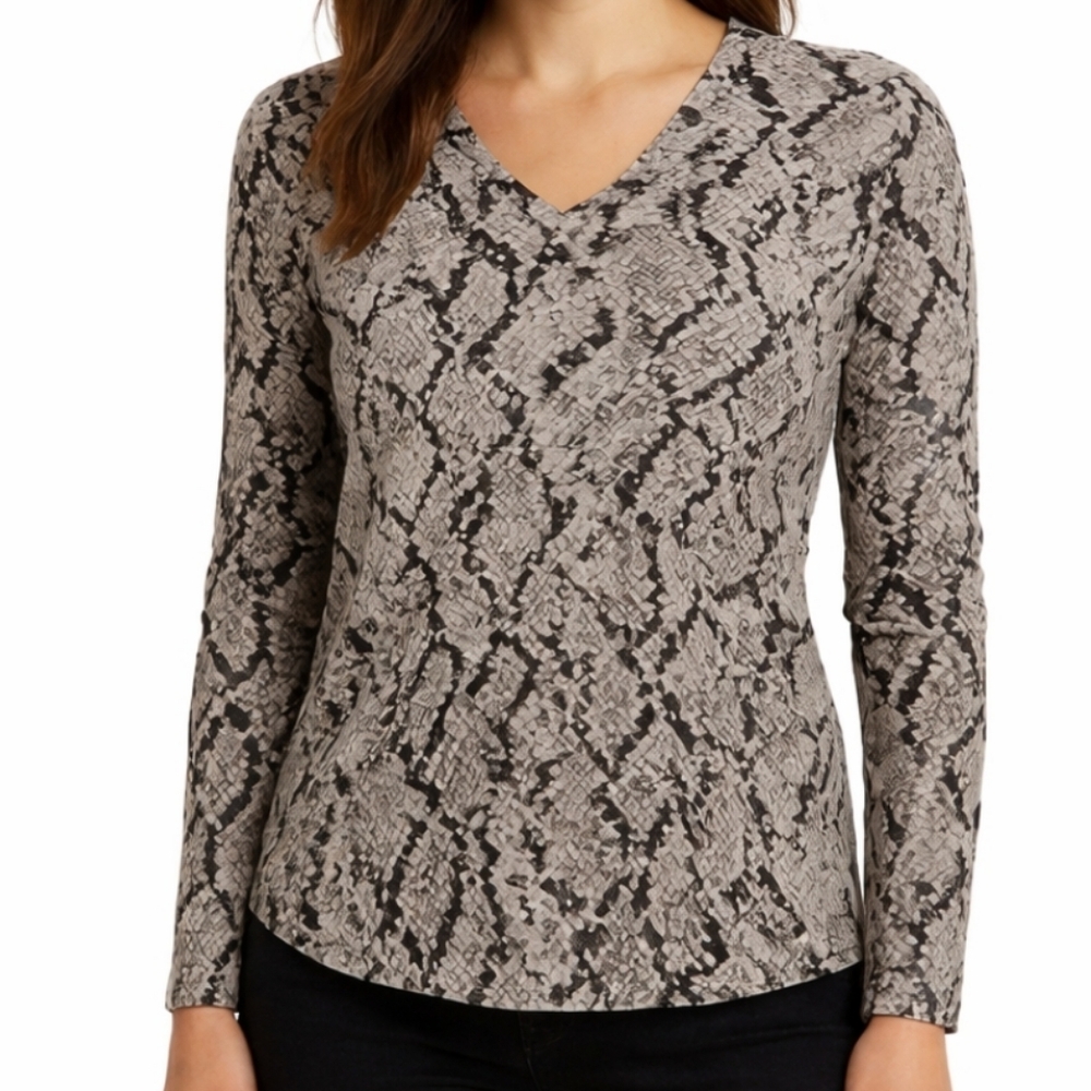 Jones New York Black White Snakeskin Pattern Hi-Lo blouse Sz Med